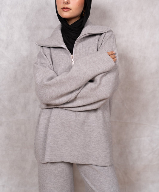 Knit Quarter-Zip Lounge Set - Grey