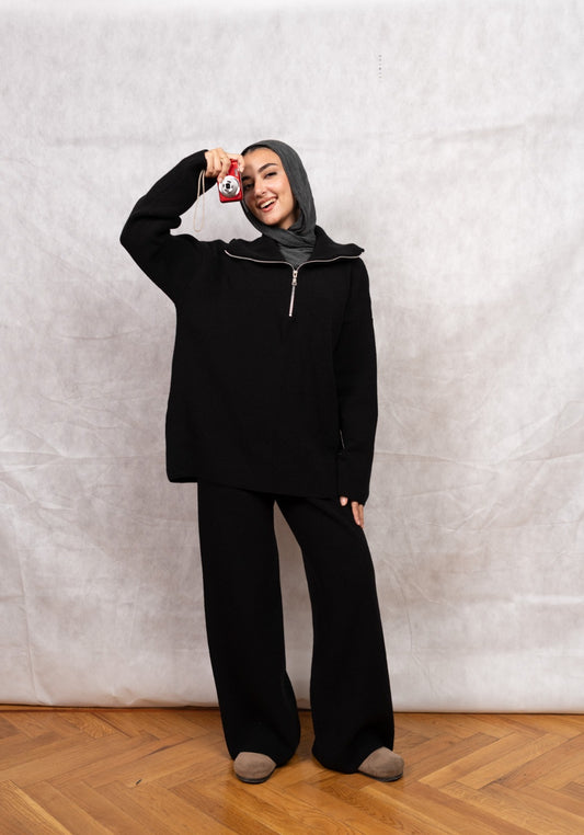 Knit Quarter-Zip Lounge Set - Black