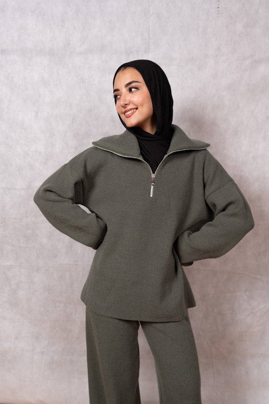 Knit Quarter-Zip Lounge Set - Olive