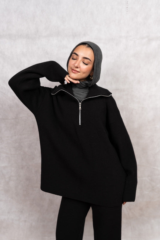 Knit Quarter-Zip Lounge Set - Black