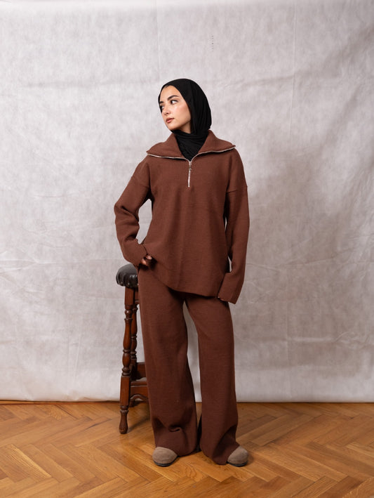 Knit Quarter-Zip Lounge Set - Brown