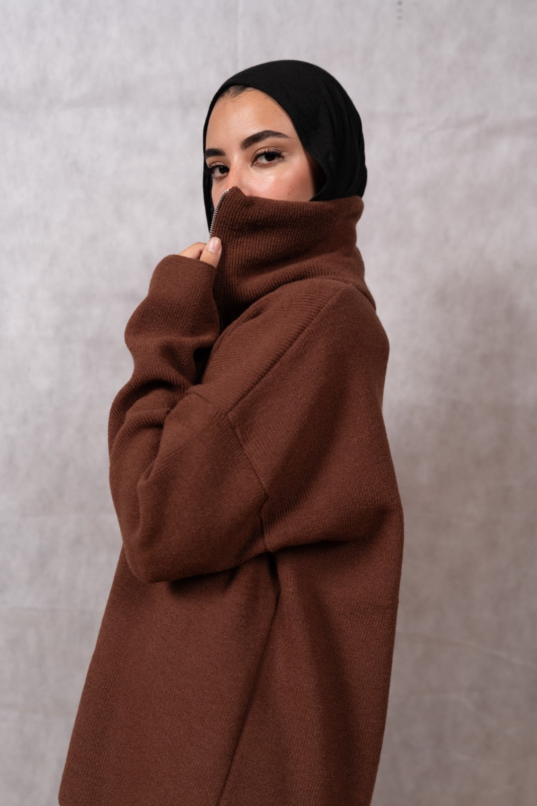Knit Quarter-Zip Lounge Set - Brown
