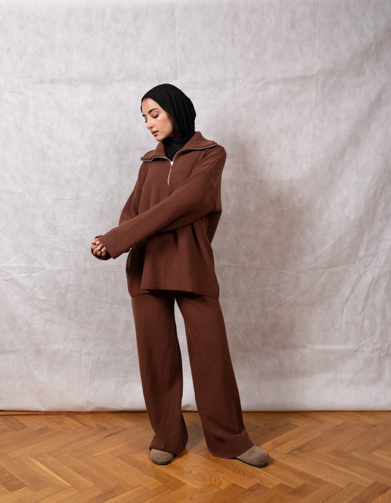Knit Quarter-Zip Lounge Set - Brown