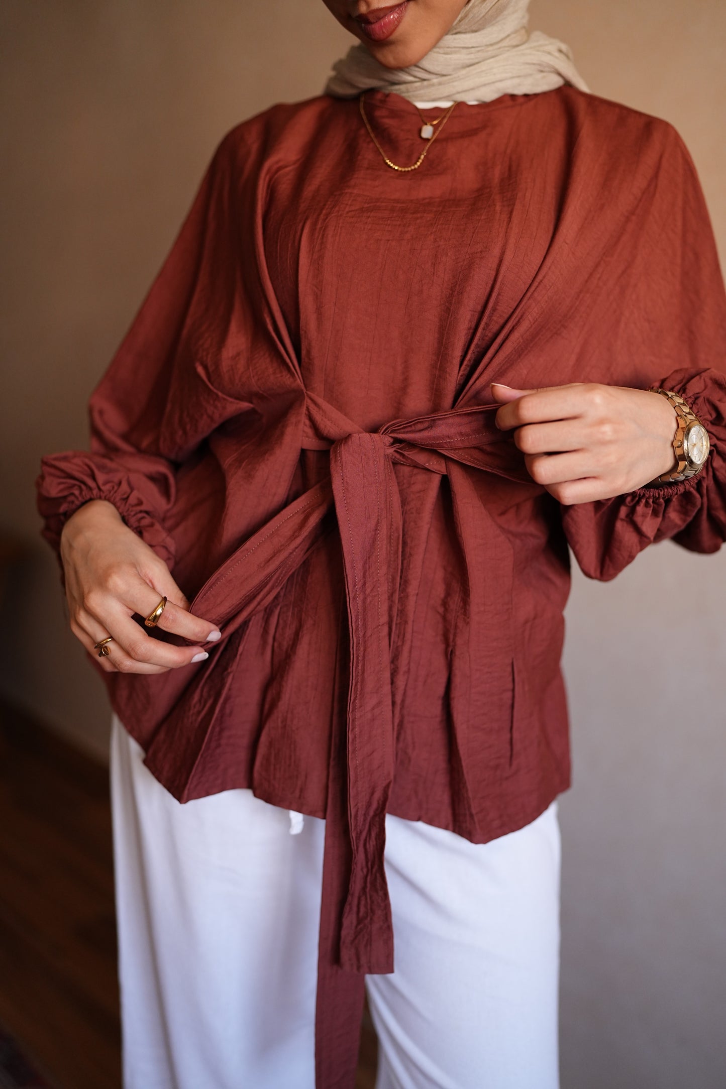 Belted top in Brick
