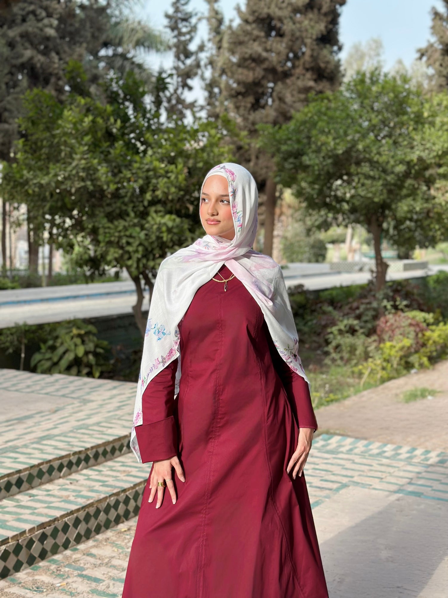 burgundy hijab dress Simple Evening Dress With Elasticated Sleeves 5614-02 Burgundy 5614-02
