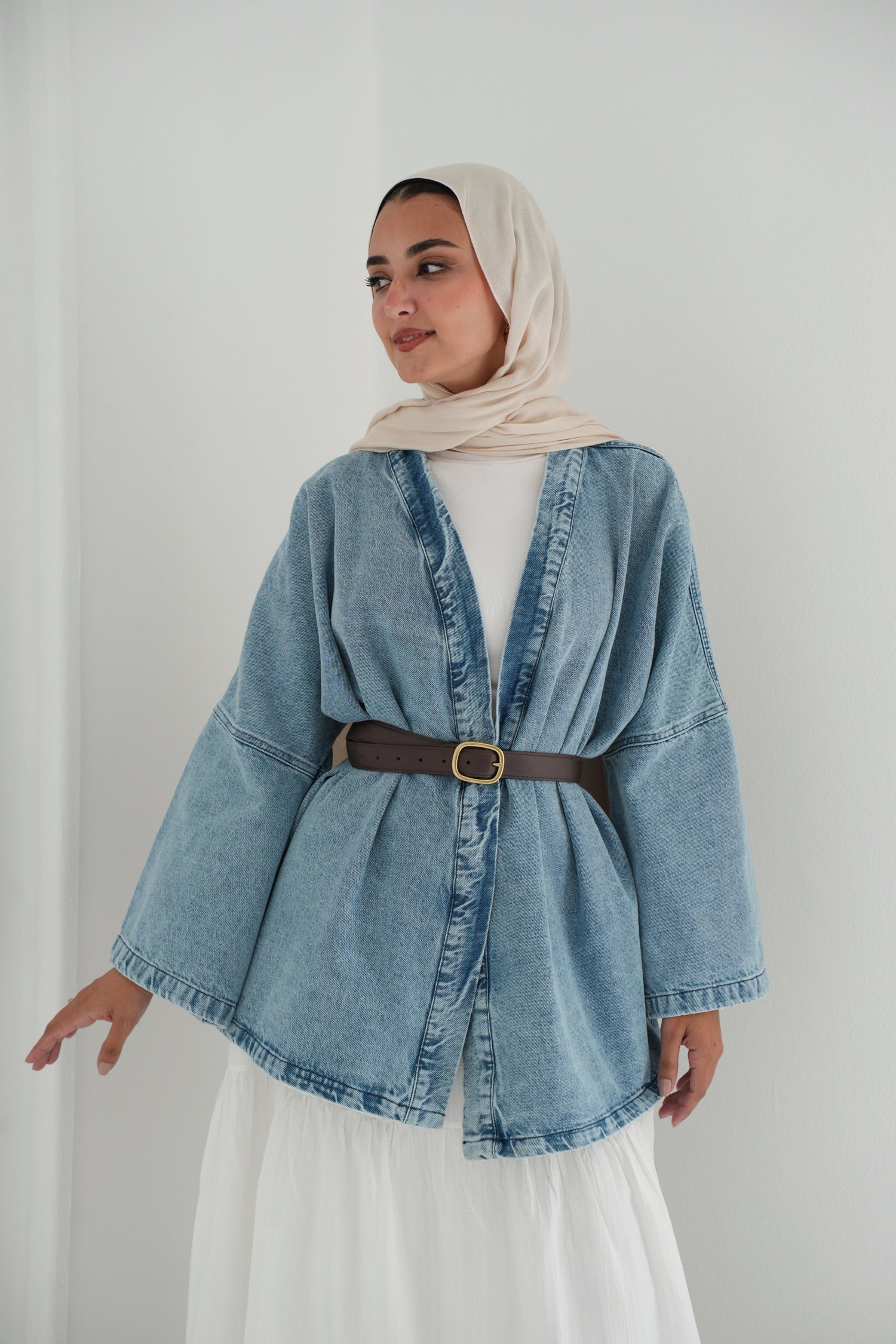 Wrap denim Jacket Light Blue – Hijabi Picks - Main Image
