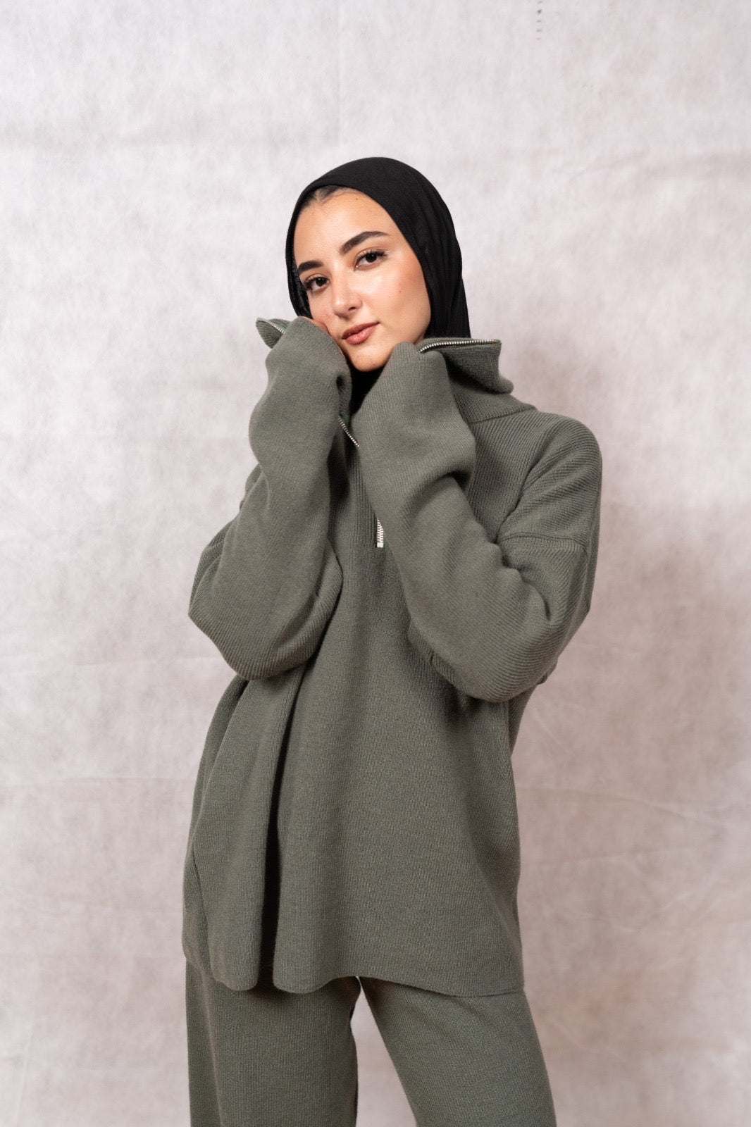 Knit Quarter-Zip Lounge Set - Olive