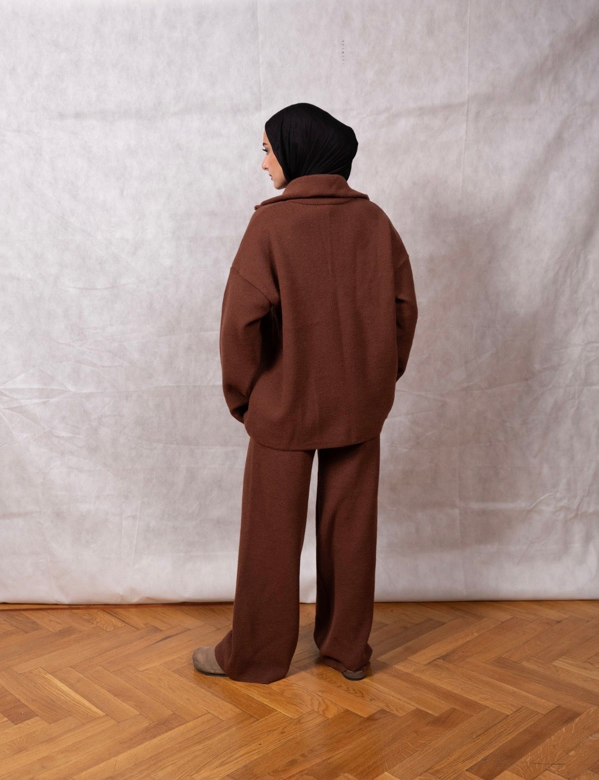 Knit Quarter-Zip Lounge Set - Brown