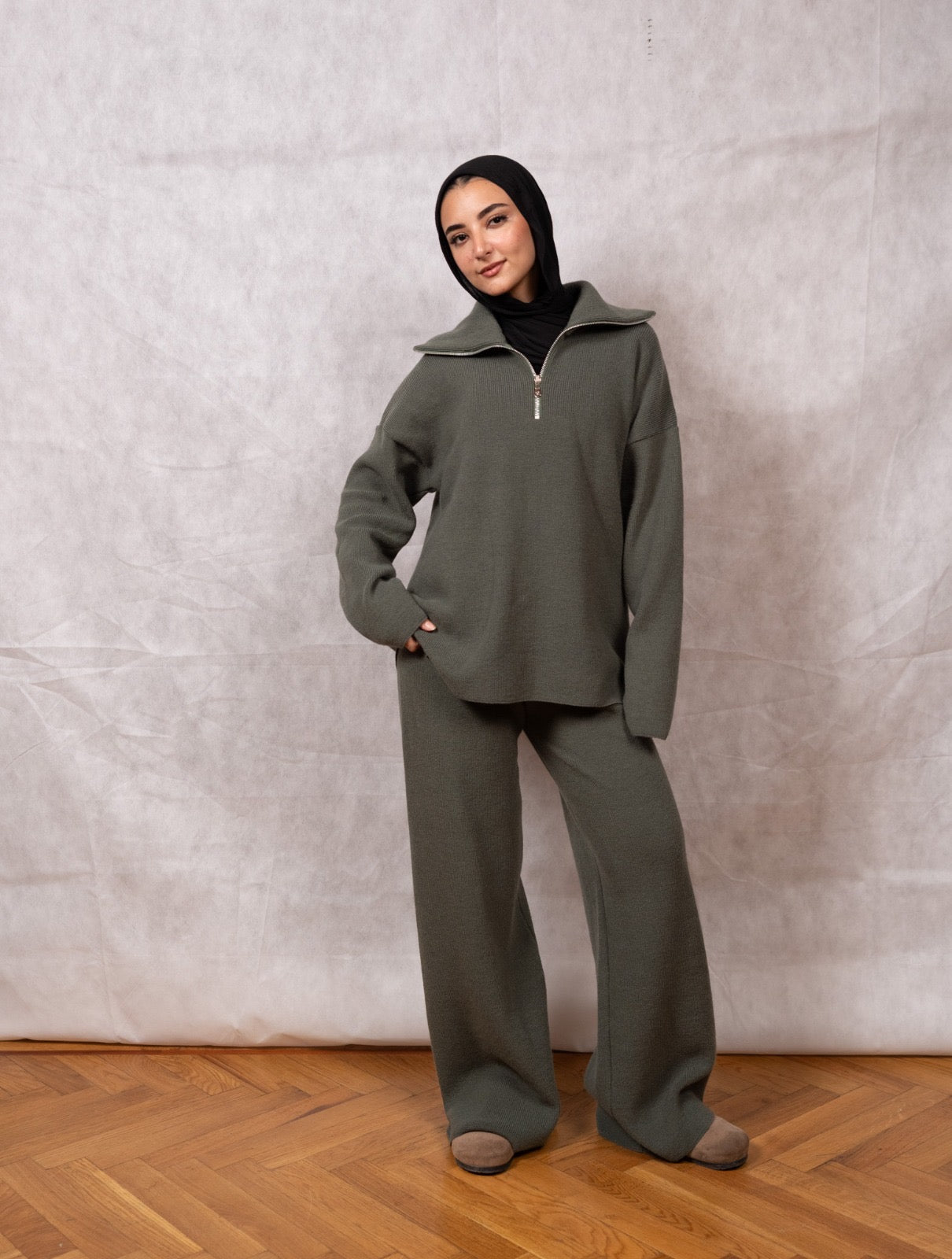 Knit Quarter-Zip Lounge Set - Olive