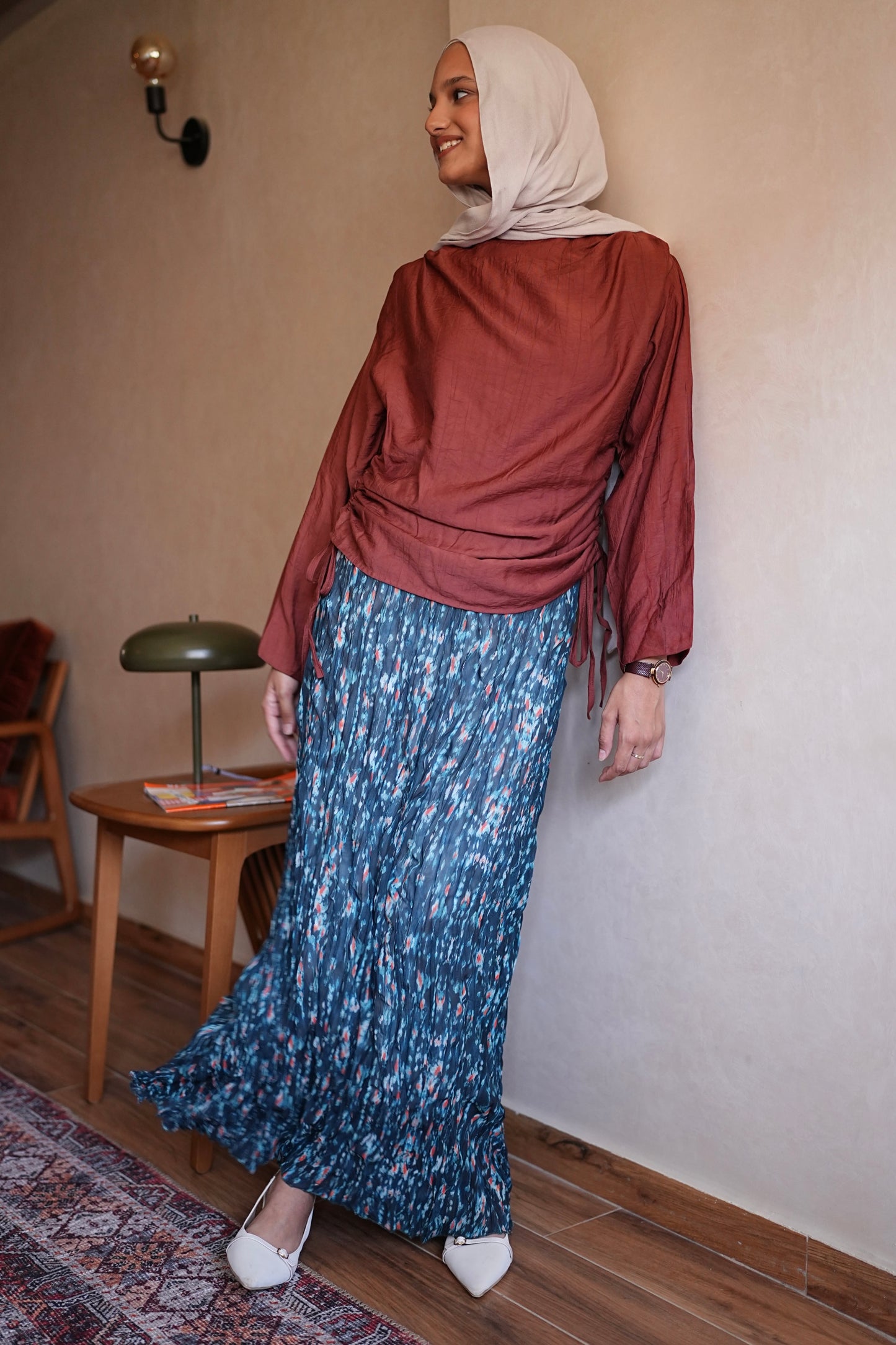 Ruched side top in Brick