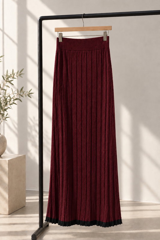 Knit Contrast Hem Skirt - Burgundy