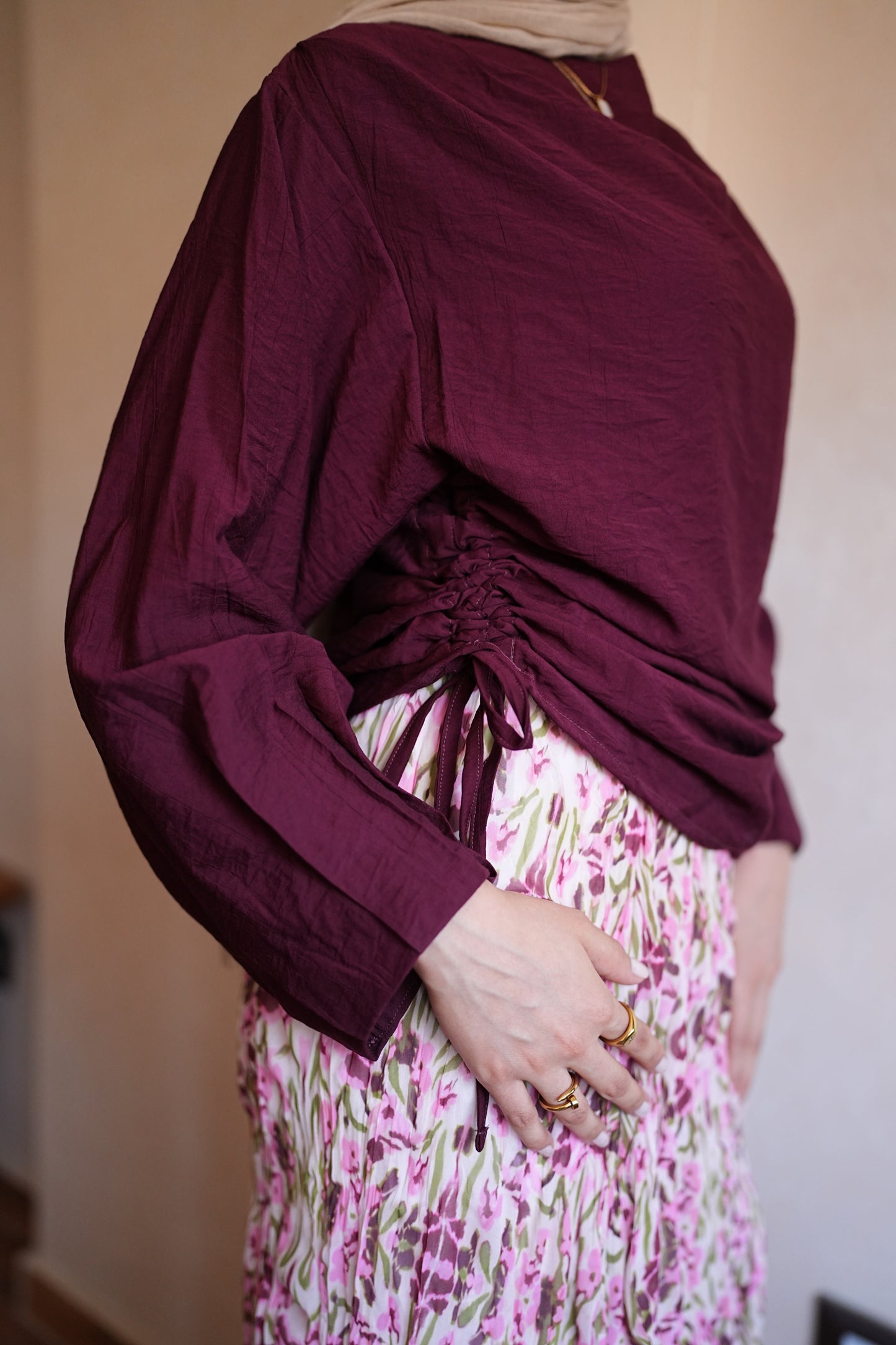 Rushed side top in burgundy