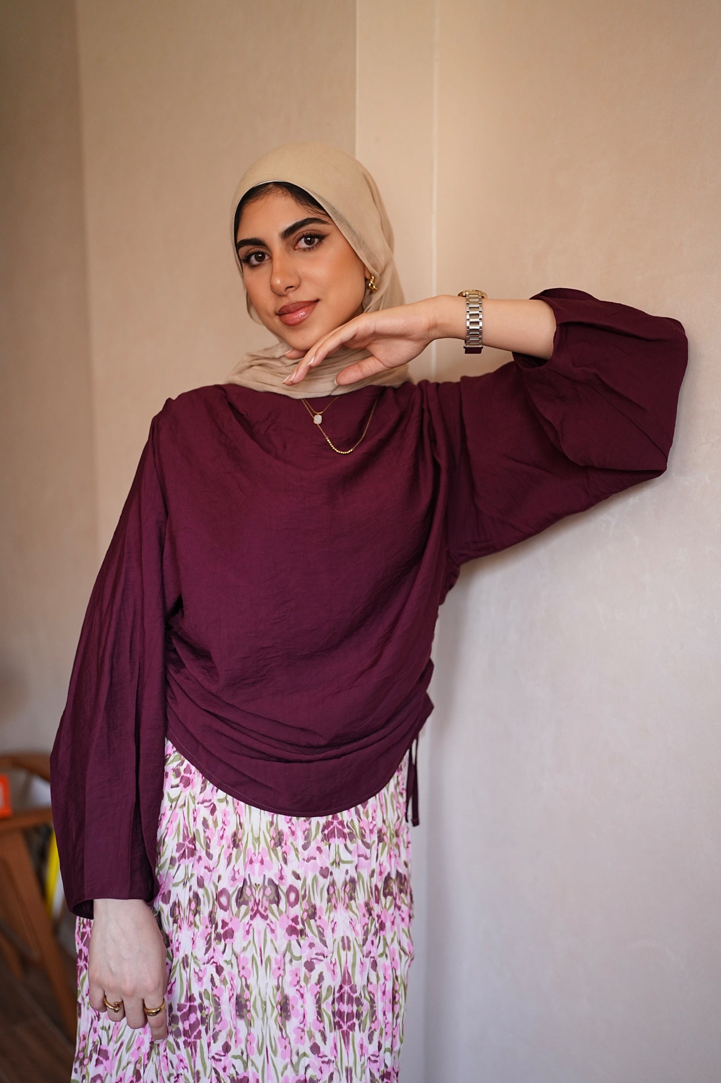 Rushed side top in burgundy