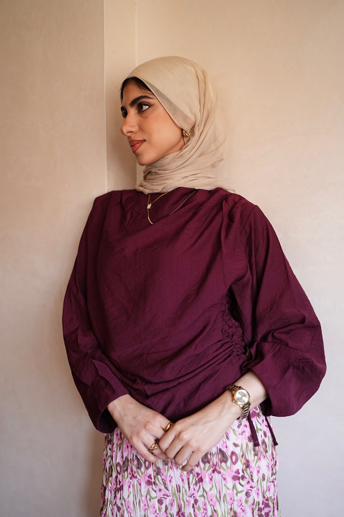 Rushed side top in burgundy