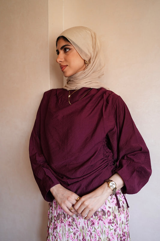 Rushed side top in burgundy